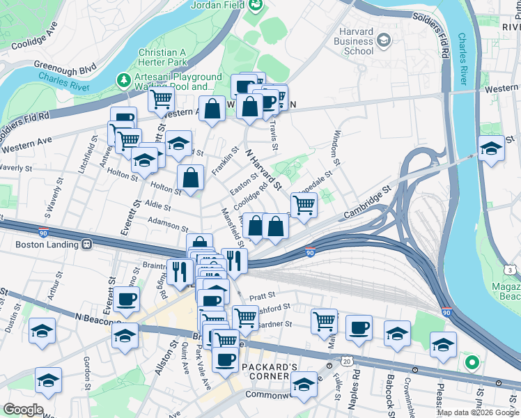 map of restaurants, bars, coffee shops, grocery stores, and more near 10 Holman Street in Boston