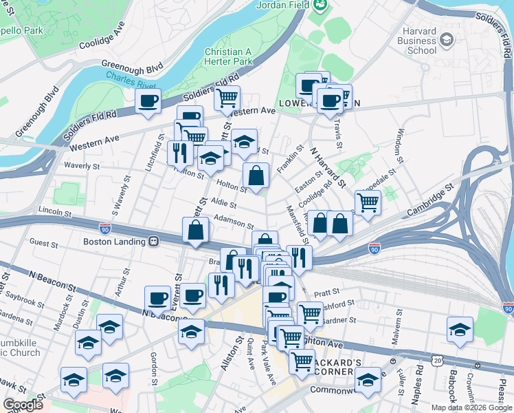 map of restaurants, bars, coffee shops, grocery stores, and more near 81 Franklin Street in Boston