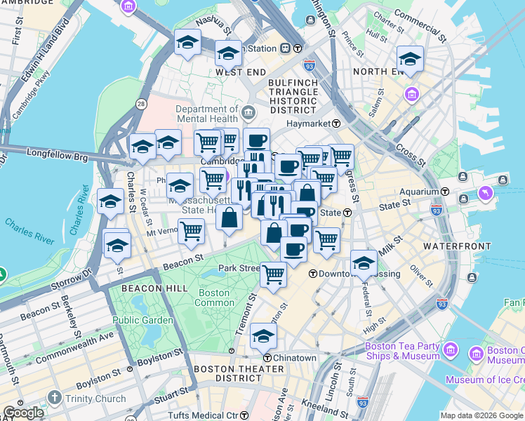 map of restaurants, bars, coffee shops, grocery stores, and more near 142-144 Bowdoin Street in Boston