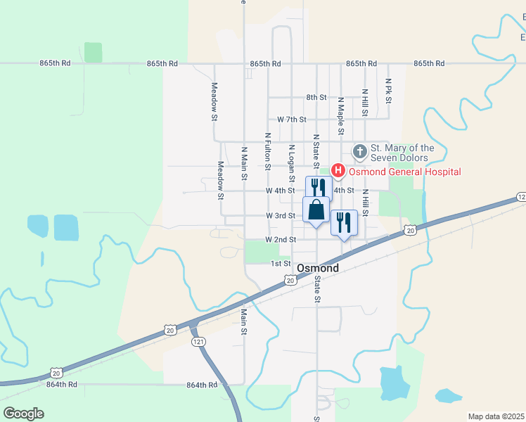 map of restaurants, bars, coffee shops, grocery stores, and more near 301-313 W 3rd St in Osmond