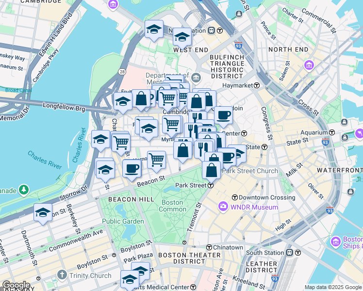 map of restaurants, bars, coffee shops, grocery stores, and more near 49 Mount Vernon Street in Boston