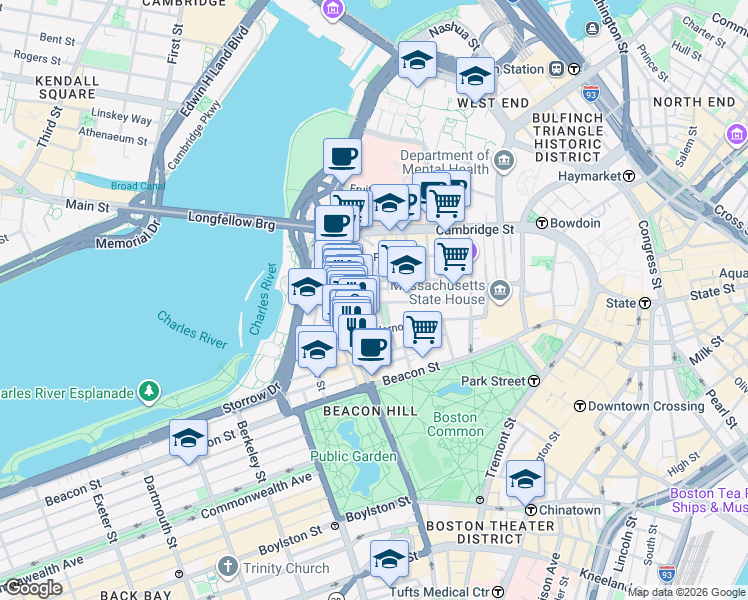 map of restaurants, bars, coffee shops, grocery stores, and more near 9 Louisburg Square in Boston