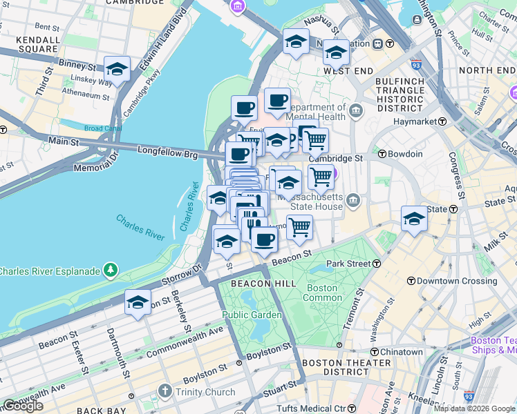map of restaurants, bars, coffee shops, grocery stores, and more near 105 Charles Street in Boston