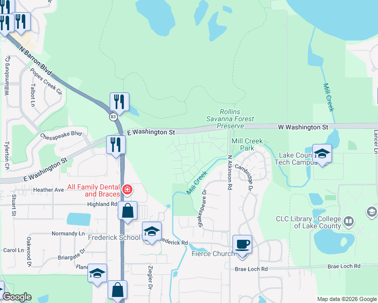 map of restaurants, bars, coffee shops, grocery stores, and more near 1061 Chadwick Drive in Grayslake