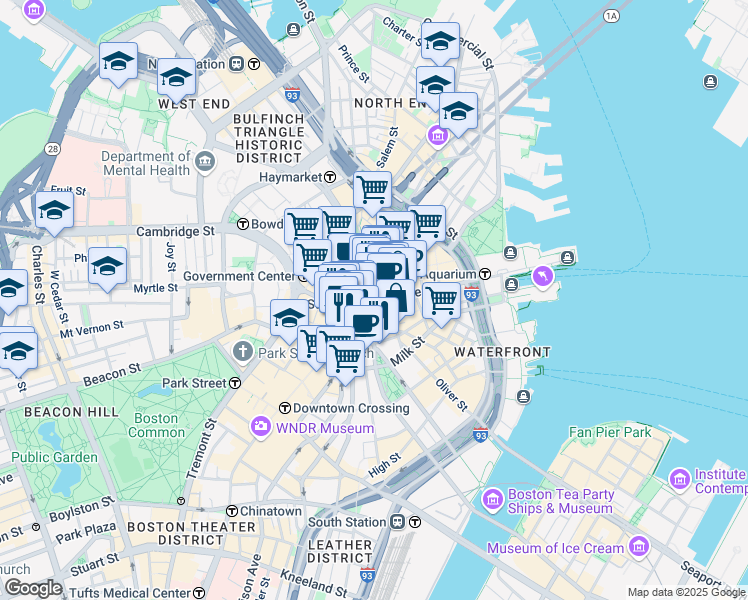 map of restaurants, bars, coffee shops, grocery stores, and more near 53 State Street in Boston