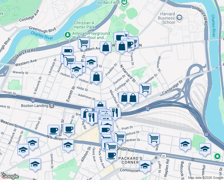map of restaurants, bars, coffee shops, grocery stores, and more near 63 Mansfield Street in Boston