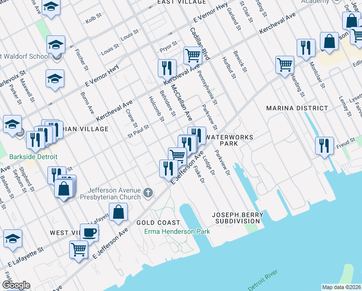 map of restaurants, bars, coffee shops, grocery stores, and more near 1110 Hibbard Street in Detroit