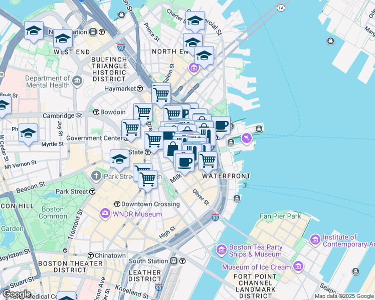 map of restaurants, bars, coffee shops, grocery stores, and more near 1 India Street in Boston