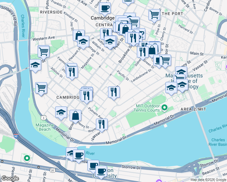 map of restaurants, bars, coffee shops, grocery stores, and more near Sidney Street in Cambridge