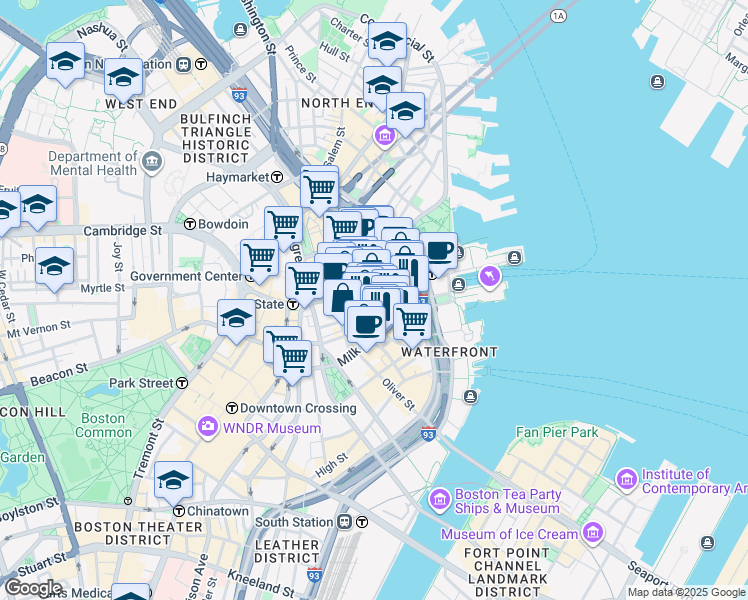 map of restaurants, bars, coffee shops, grocery stores, and more near 1 India Street in Boston