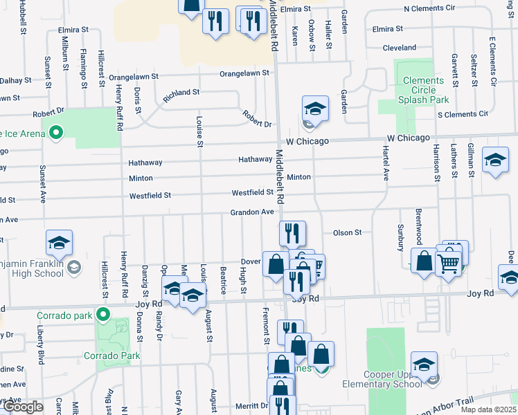map of restaurants, bars, coffee shops, grocery stores, and more near 29511 Grandon in Livonia
