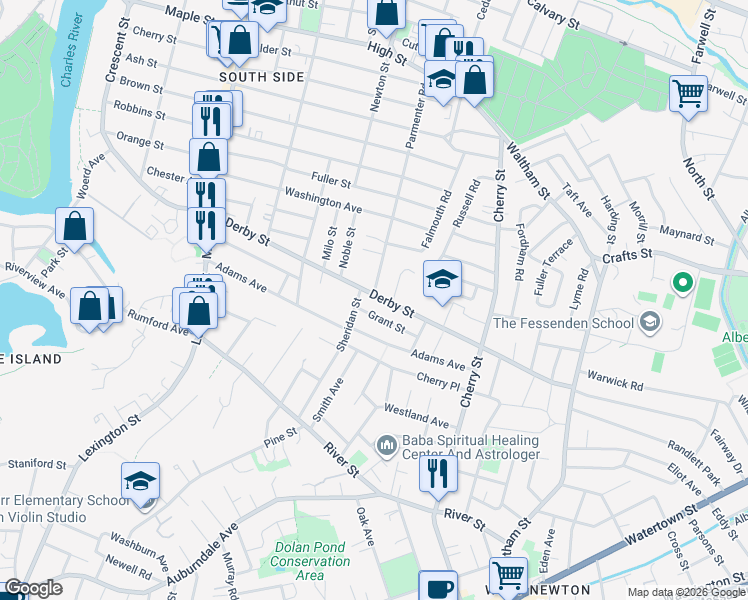 map of restaurants, bars, coffee shops, grocery stores, and more near 45 Grant Street in Newton