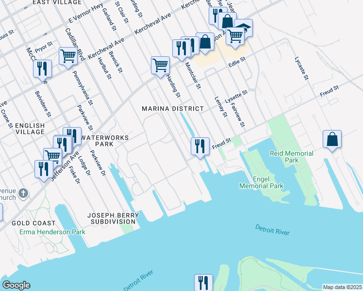 map of restaurants, bars, coffee shops, grocery stores, and more near 464 Marquette Drive in Detroit