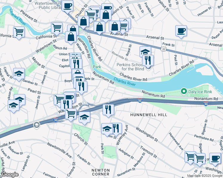 map of restaurants, bars, coffee shops, grocery stores, and more near 131 Charlesbank Road in Newton