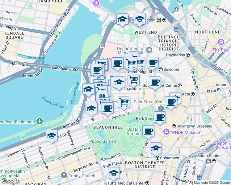 map of restaurants, bars, coffee shops, grocery stores, and more near 73 Pinckney Street in Boston