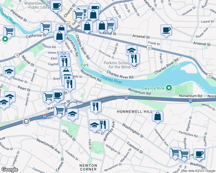 map of restaurants, bars, coffee shops, grocery stores, and more near 73 Charlesbank Road in Newton