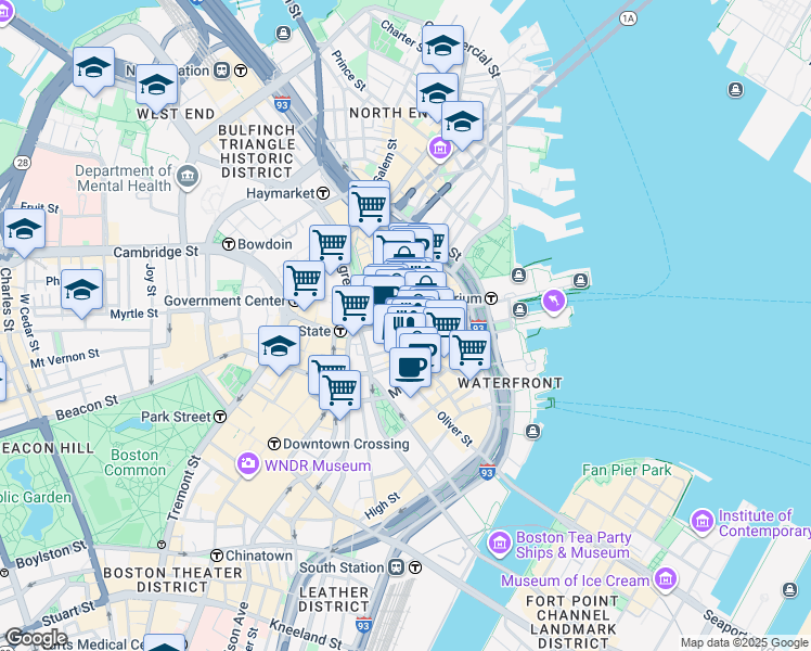 map of restaurants, bars, coffee shops, grocery stores, and more near 75 State Street in Boston