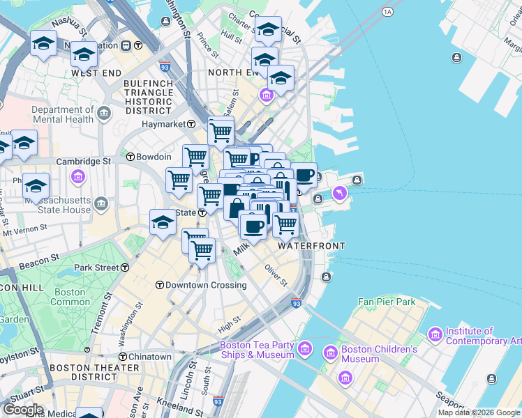 map of restaurants, bars, coffee shops, grocery stores, and more near 40 Broad Street in Boston