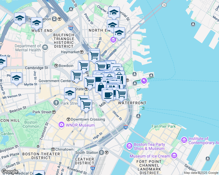 map of restaurants, bars, coffee shops, grocery stores, and more near 1 India Street in Boston