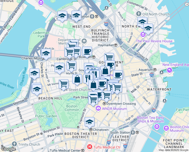 map of restaurants, bars, coffee shops, grocery stores, and more near 142-144 Bowdoin Street in Boston