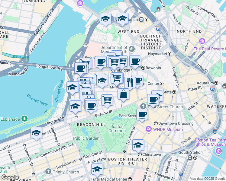 map of restaurants, bars, coffee shops, grocery stores, and more near 75 Mount Vernon Street in Boston