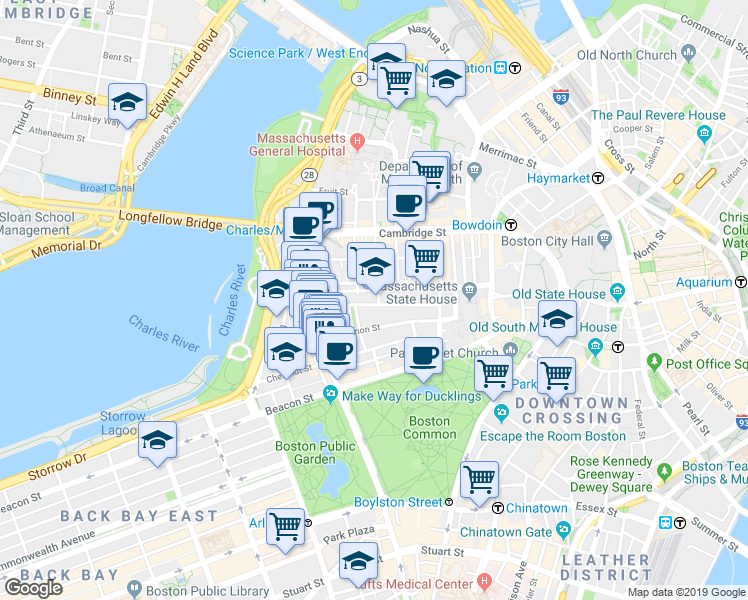 map of restaurants, bars, coffee shops, grocery stores, and more near 9 Louisburg Square in Boston