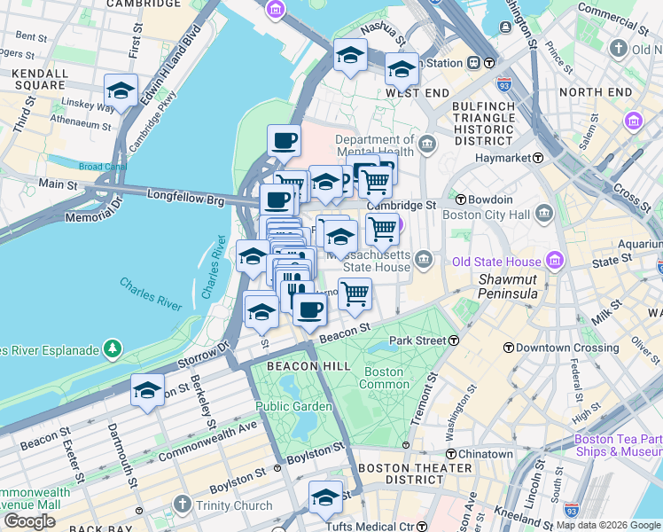 map of restaurants, bars, coffee shops, grocery stores, and more near 9 Louisburg Square in Boston