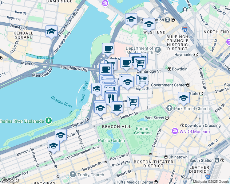 map of restaurants, bars, coffee shops, grocery stores, and more near 121 Pinckney Street in Boston