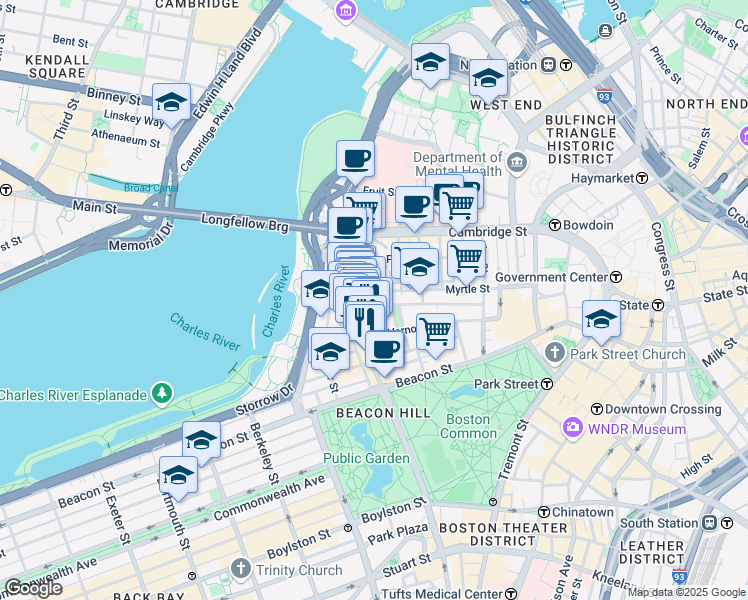 map of restaurants, bars, coffee shops, grocery stores, and more near 121 Pinckney Street in Boston