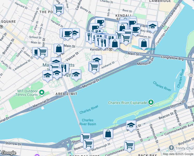 map of restaurants, bars, coffee shops, grocery stores, and more near 19 Memorial Drive in Cambridge