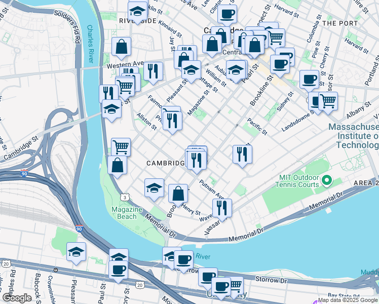 map of restaurants, bars, coffee shops, grocery stores, and more near in Cambridge