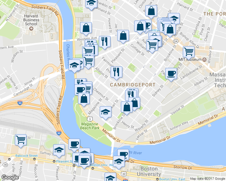 map of restaurants, bars, coffee shops, grocery stores, and more near 1 Newton Street in Cambridge
