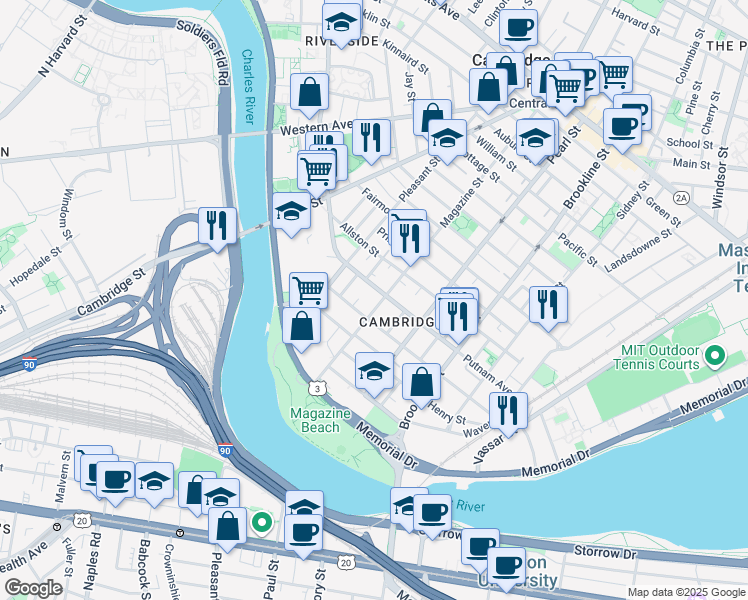 map of restaurants, bars, coffee shops, grocery stores, and more near 139 Magazine Street in Cambridge