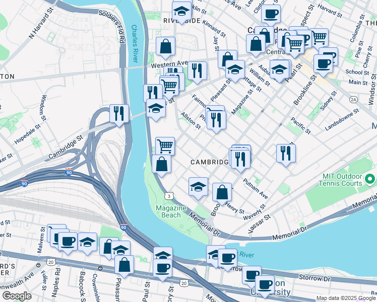 map of restaurants, bars, coffee shops, grocery stores, and more near 139 Magazine Street in Cambridge