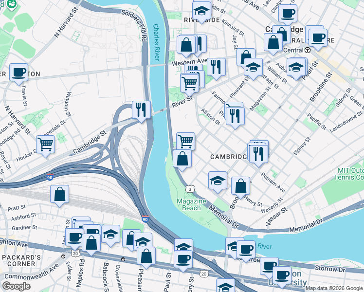 map of restaurants, bars, coffee shops, grocery stores, and more near 1575 Cambridge Street in Cambridge