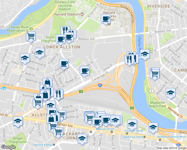 map of restaurants, bars, coffee shops, grocery stores, and more near 197 Cambridge Street in Boston