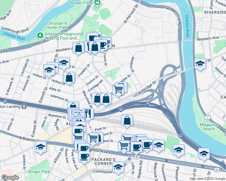 map of restaurants, bars, coffee shops, grocery stores, and more near 76 Empire Street in Boston