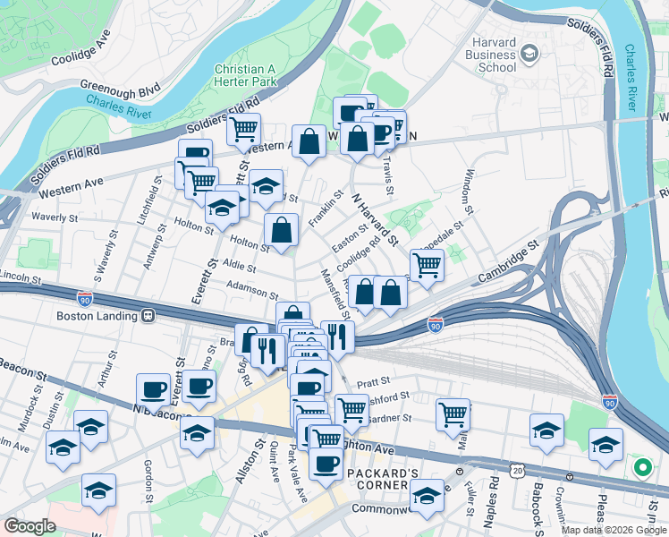 map of restaurants, bars, coffee shops, grocery stores, and more near 38 Mansfield Street in Boston
