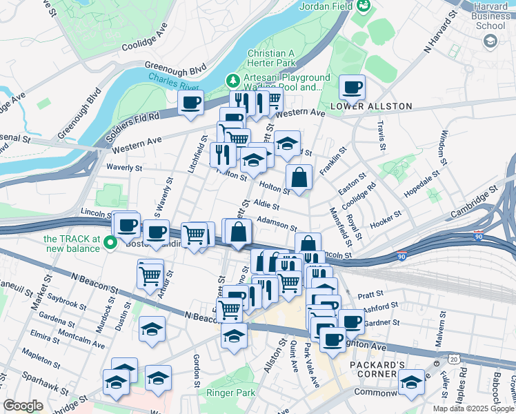 map of restaurants, bars, coffee shops, grocery stores, and more near 16 Adamson Street in Boston