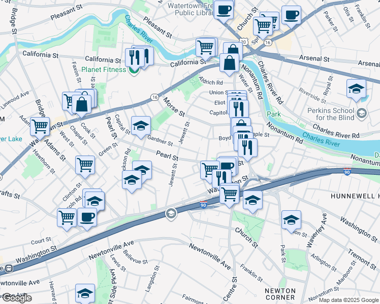 map of restaurants, bars, coffee shops, grocery stores, and more near 105 Pearl Street in Newton