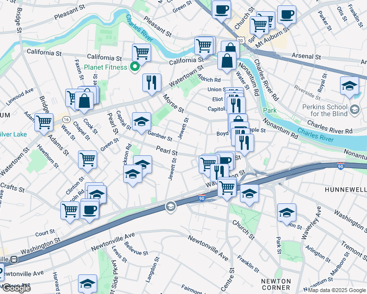 map of restaurants, bars, coffee shops, grocery stores, and more near 105 Pearl Street in Newton