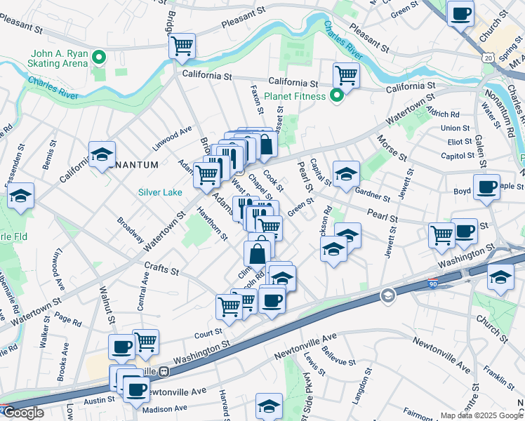 map of restaurants, bars, coffee shops, grocery stores, and more near 79 West Street in Newton