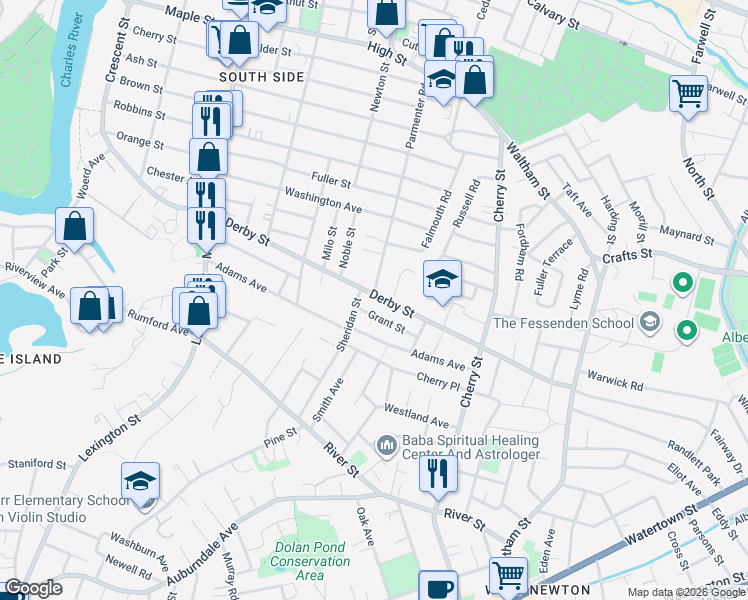 map of restaurants, bars, coffee shops, grocery stores, and more near 45 Grant Street in Newton