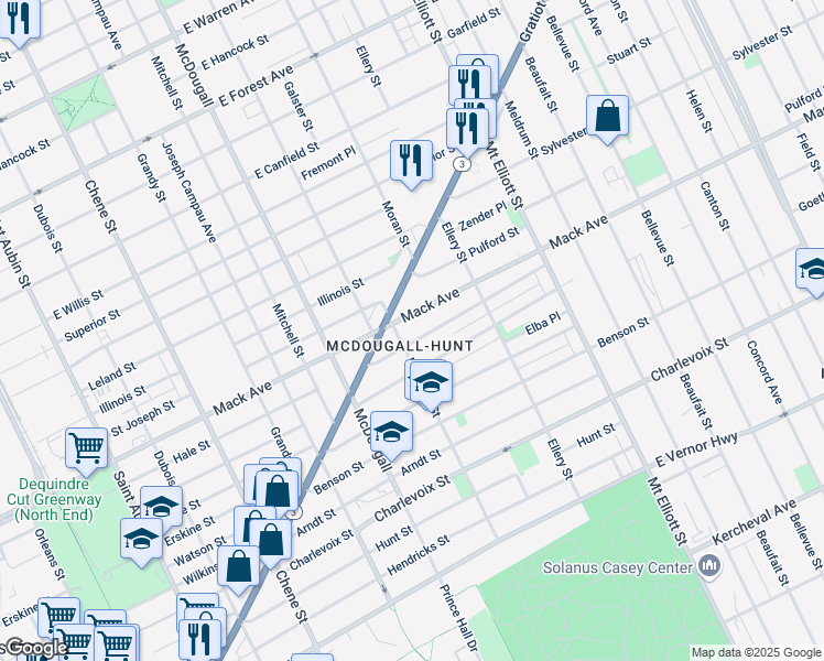 map of restaurants, bars, coffee shops, grocery stores, and more near 3540 Elmwood Street in Detroit