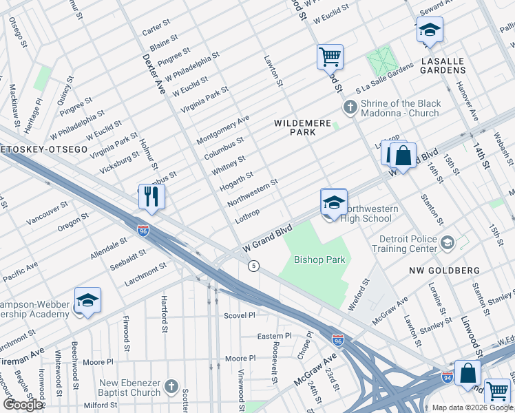 map of restaurants, bars, coffee shops, grocery stores, and more near 3293 Lothrop Street in Detroit