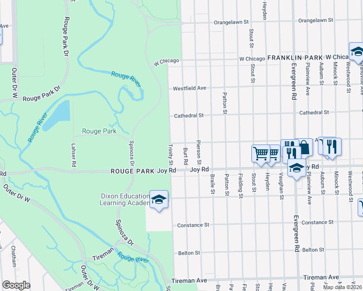 map of restaurants, bars, coffee shops, grocery stores, and more near 8866 Burt Road in Detroit