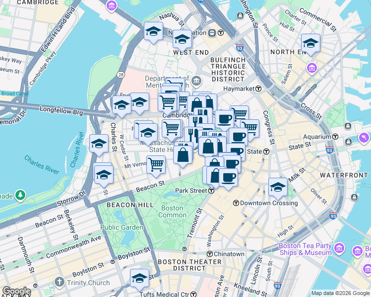 map of restaurants, bars, coffee shops, grocery stores, and more near in Boston