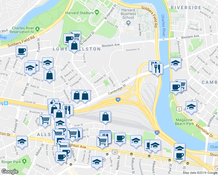 map of restaurants, bars, coffee shops, grocery stores, and more near Sorrento St in Allston