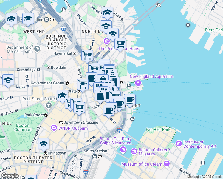 map of restaurants, bars, coffee shops, grocery stores, and more near 1 McKinley Square in Boston