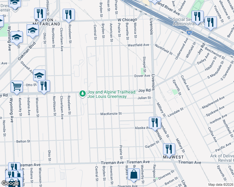 map of restaurants, bars, coffee shops, grocery stores, and more near 8651 Prairie Street in Detroit